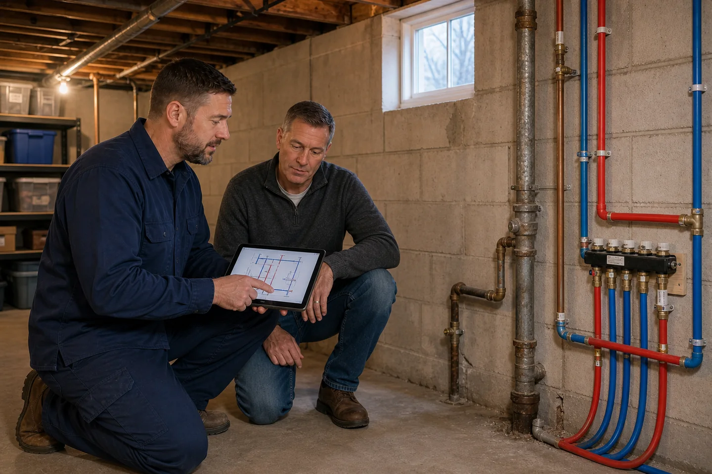 Plumber and homeowner review a whole-house repiping plan beside old metal supply pipes and a new PEX manifold in a your area basement.