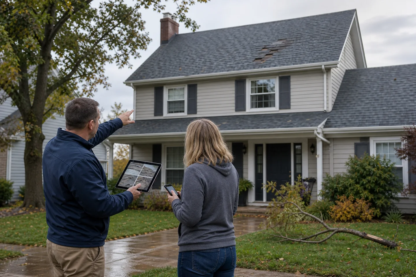 Roofer and homeowner document storm damage from the ground beside a your area house with missing shingles and a fallen branch.