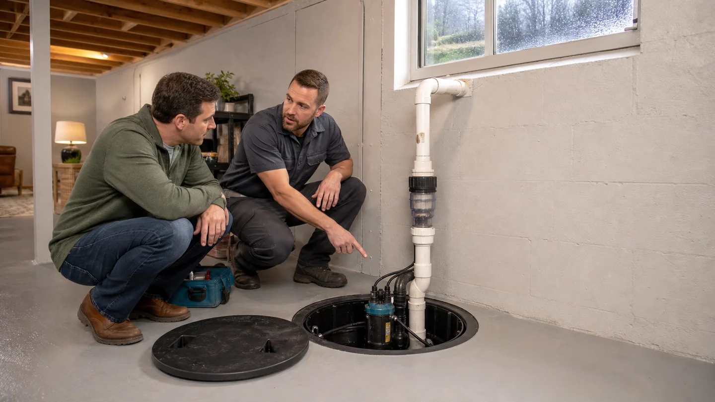 Homeowner reviewing a basement sump pump with a plumbing technician.