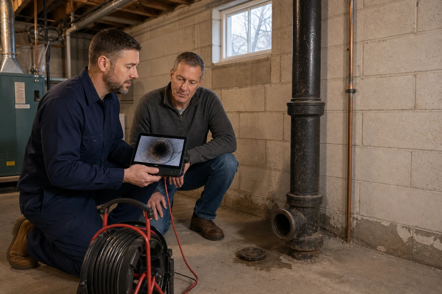 Plumber and homeowner review sewer-camera footage beside an older cast-iron drain stack in a your area basement.